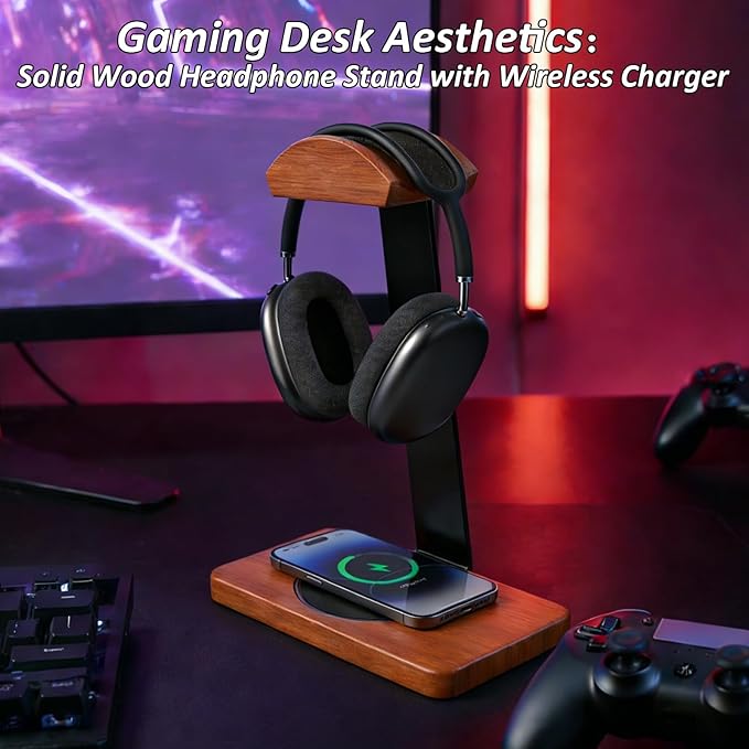 Solid Wooden Headphone Holder, Universal Headset Stand with Wireless Charger 15W Max Fast for Desk, Wireless Charger Headphone Holder for Gaming Desk Compatible with iPhone Samsung (Black)