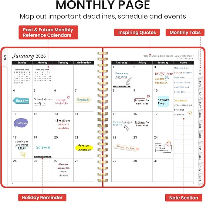 2026 Planner, Weekly and Monthly Calendar Planner, January 2026 - December 2026, Hardcover 2026 Calendar Book with Tabs For Women & Men, Inner Pocket, Spiral Bound, Perfect for Office Home School Supplies - A4 (8.5" x 11"), Tomato Red