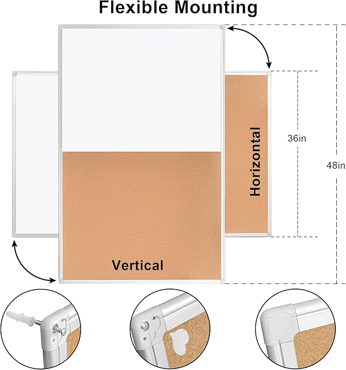 Cork Bulletin Board, 48 X 32 Inches White Magnetic Dry Erase Board, Large Wall Mounted Message Vision Notice Memo Pin Board for Office, Home and School