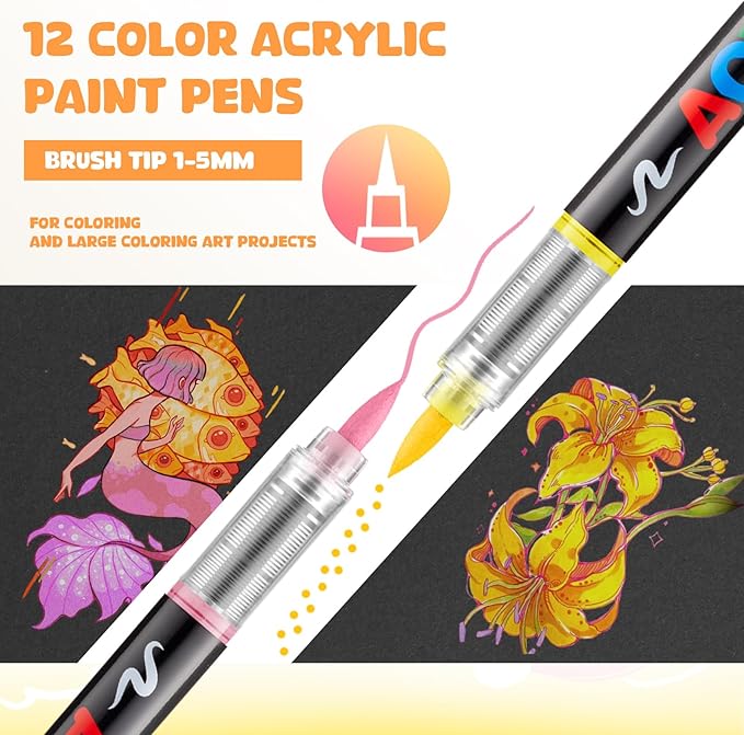 Prudiut 12 Color Acrylic Paint Markers, Soft Brush Tip Acrylic Paint Pens Markers, Art Pens for Wood, Canvas, Glass & Rock Painting, Water Resistant Ink DIY Crafts Supplies, Christmas Crafts