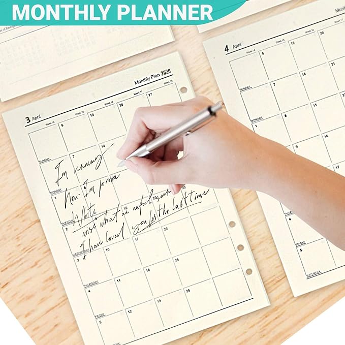 2026 A5 Weekly & Monthly Planner Binder Refill, 5.8"x8.3" 176 Page Planner Refills for A5 Binder, 6-Hole Punched, Daily Planner with Calendar, Contact Pages and Notes (Beige-2026)