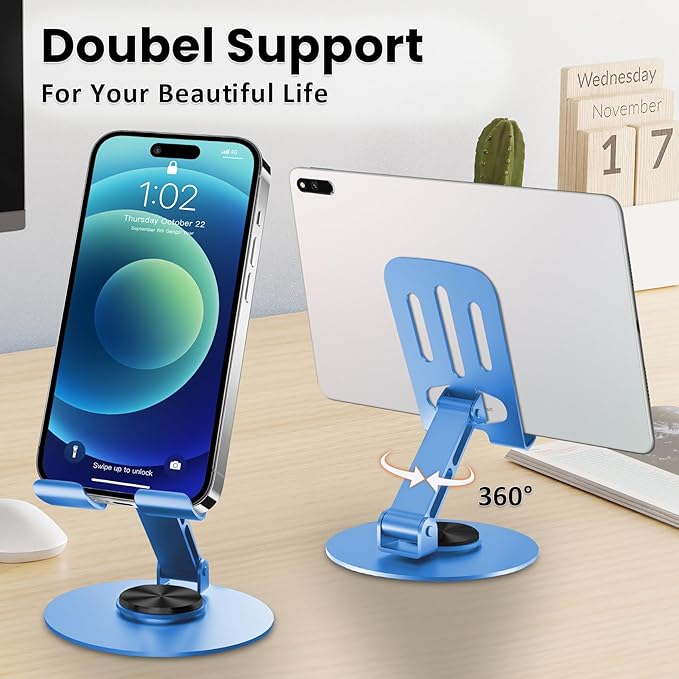 Universal Metal Cell Phone Stand, Multi-Angel Adjustable 360° Rotation Non-Slip Metal Phone Stand Compatible with iPhone 17 16 Pro Max and All Smartphones (Blue&Blue)