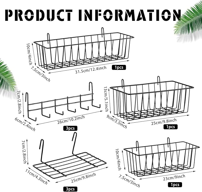 Fumete 9 Pcs Wall Grid Hanging Basket Shelf Hooks Set Includes 3 Basket 3 Wire Straight Shelf and 3 Hooks for Storage Display Organizer Grid Wall Accessories(Black)