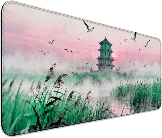 Fantasy Green Tower and Egret XL Large Desk Mat, Extended Long Desk Pad for Gaming and Office, Non-Slip Rubber Base, Comfortable Surface Mouse Pad, 31.5x11.8 in (H24)