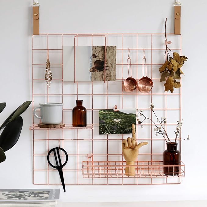 FRIADE Rose Gold Grid Basket with Hooks,Bookshelf,Display Shelf for Wall Grid Panel,Wall Mount Organizer and Storage Shelf Rack for Home Supplies,1 Set of 3 (Rose Gold)