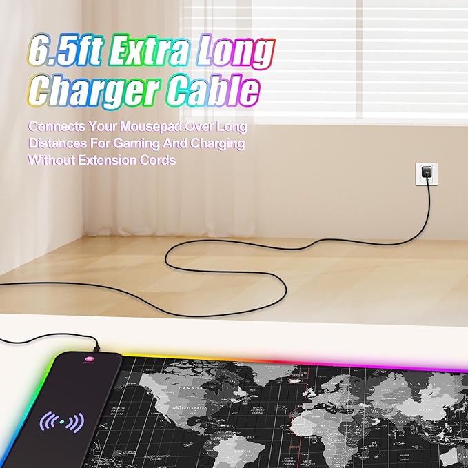 ToLuLu Wireless Charging RGB Gaming Mouse Pad, 15W LED Mouse Mat with 30W Charger, 14 Light Modes Large Mousepad with Wrist Support, Non-Slip Rubber Base Desk Mat Computer PC Keyboard Pad World Map