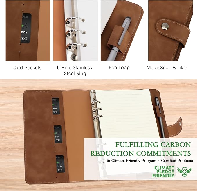 FYY A5 Binder Refillable Planner Notebook 6 Ring PU Leather Binder Journal with Pockets, Dividers, Refill Paper Brown
