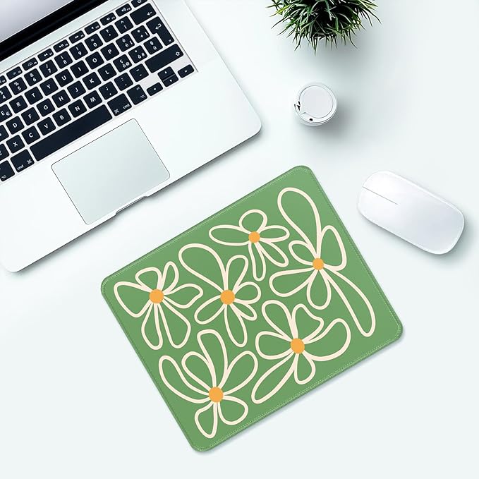 Green Daisy Flower Desk Pad Mat with Stitched Edges and Non-Slip Rubber Base, Premium-Textured Mouse Pad for Laptop, Computer & PC, Gaming & Working, Waterproof Mousepad