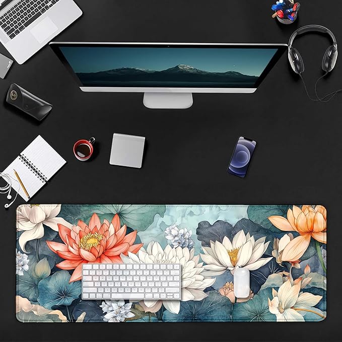 Aesthetic Lotus Flower Large Mouse Pad, Desk Mat Computer Keyboard Pad Non-Slip Rubber Base Waterproof with Stitched Edges for Laptop Gaming, Office & Home 31.5 x 11.8 Inch