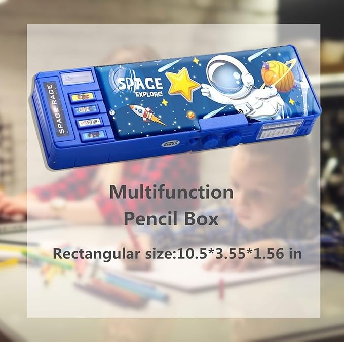 Pop up Multifunction Pencil Case for Kids Unique Stationery Set School Supplies Astronaut Pen Box for School Students Cute Pencil box for Boys with Sharpener Password Lock Schedule Whiteboard(Blue）