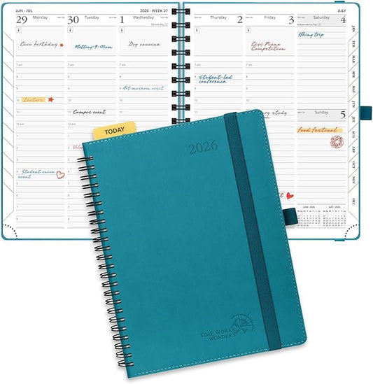 POPRUN 2026 Planner (Medium - 6.5'' x 8.5'') with Hourly Schedule & Vertical Layout - 2026 Weekly Calendar (Jan. 2026 - Dec.2026) for Time Management, Monthly Tabs, Spiral Bound, Soft Cover - Pacific Green