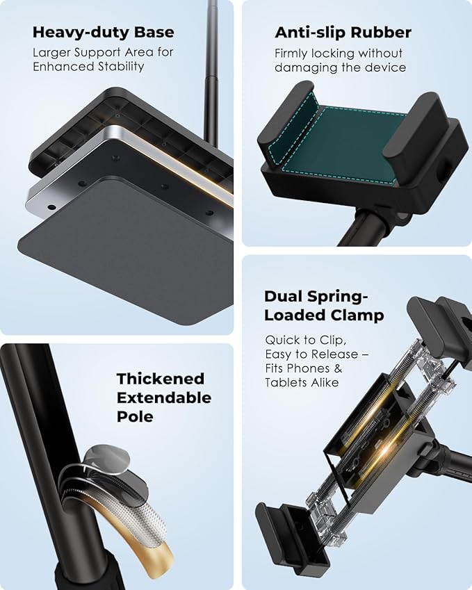 Viozon Tablet Floor Stand, Height & Angle Adjustable Tablet Holder with Aluminum Alloy Arm Tube, 360° Rotation for Bed, Sofa, Desk, Compatible with 3.5-11'' iPad Pro/Air/Mini, iPhone 15/14, Kindle，B