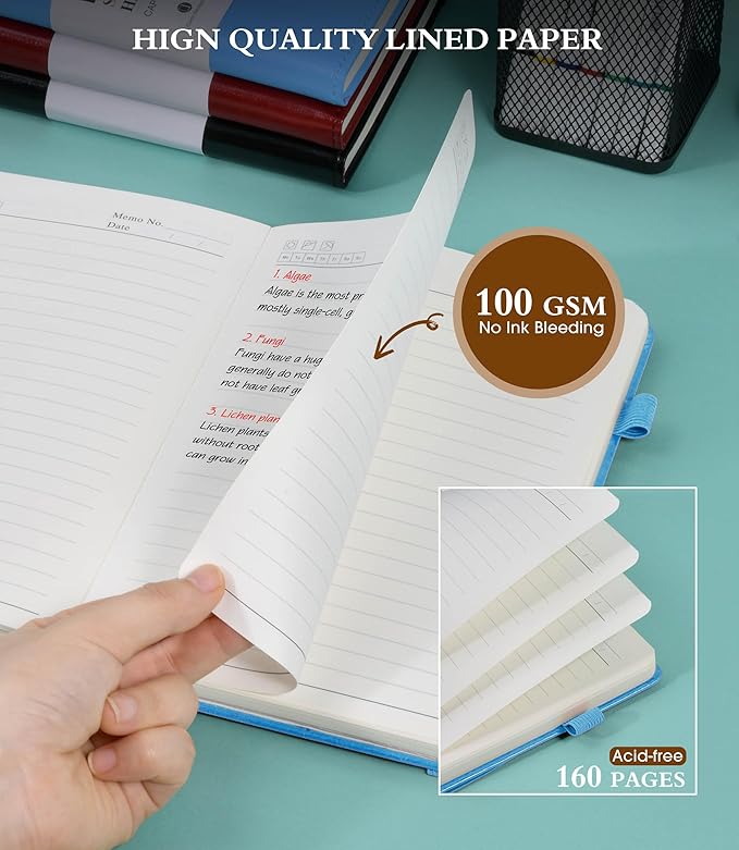 Lined Journal Notebook for Writing, A5 100 GSM Thick Paper, Leather Hardcover Journal for Woman Men, Travel Journal Diary 160 Pages (5.75'' X 8.38'' Lightblue)