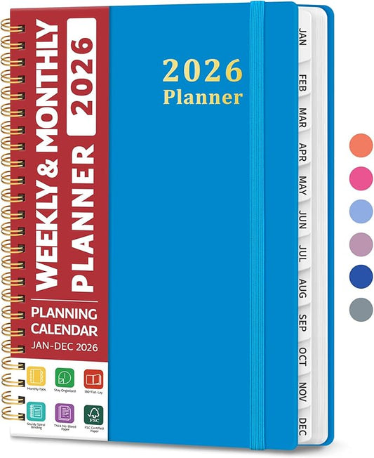 2026 Planner, Weekly and Monthly Calendar Planner, January 2026 - December 2026, Hardcover 2026 Calendar Book with Tabs For Women & Men, Inner Pocket, Spiral Bound, Perfect for Office Home School Supplies - A5 (6.3" x 8.5"), Azure Blue