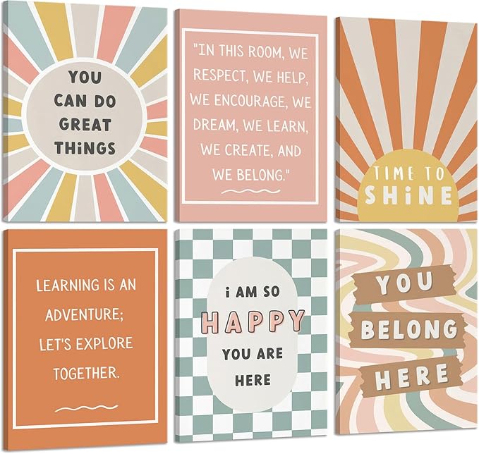 6Pcs Boho Inspirational Canvas Wall Art Positive Affirmations Growth Mindset Posters Wall Decor Pictures Modern Classroom School Posters Wall Prints for Children's Room nursery School 12x16in