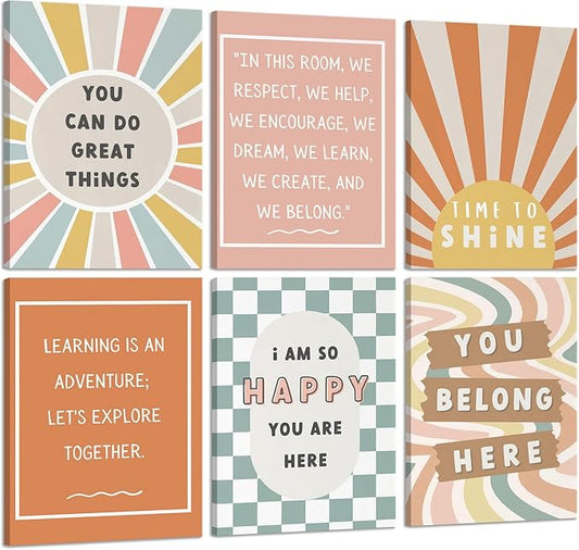 6Pcs Boho Inspirational Canvas Wall Art Positive Affirmations Growth Mindset Posters Wall Decor Pictures Modern Classroom School Posters Wall Prints for Children's Room nursery School 12x16in