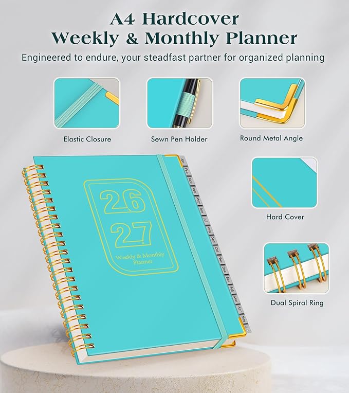 Planner 2026-2027, 18 Months Weekly and Monthly Hardcover Planner, January 2026 - June 2027, 8.5" x 11" A4 Large Daily Calendar Planner Book with Tabs, Spiral Yearly Agenda Organizer Notebook for School Work Home, Aquamarine
