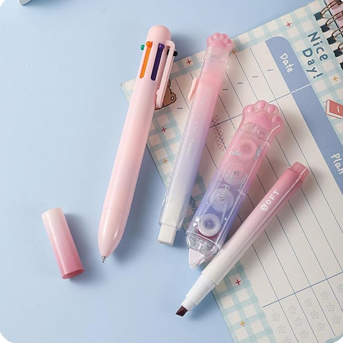 9 Pcs Cute Pink Stationery Set Cat Paw School Supplies Kawaii Office Supplies Including Pens Pencil Sharpener Highlighter Eraser Correction Tape Ruler Utility Knife (Cat Paw-Pink)