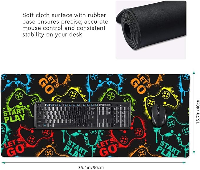 Colorful Silhouettes Game Joysticks Mouse Pads XXL Extended Mousepad with Stitched Edges Non-Slip Rubber Base Computer Keyboard Pad Desk Mat for Home Office Desk Decor, 35.4" X 15.7"