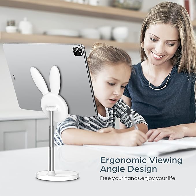 OATSBASF Cute Cell Phone Stand, Adjustable Bunny Phone Stand for Desk, Thick Case Friendly Holder Compatible with iPhone, Kindle, iPad, Switch, All Phones (White)