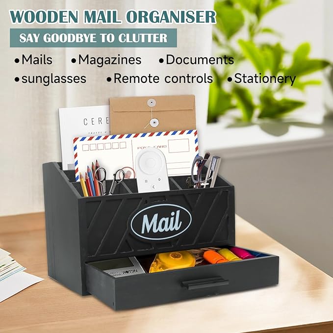 Wood Desktop Mail Organizer, Mail Organizer Countertop with 6 Compartments and Drawer, Wood Mail Holder Office Accessories for File Letter Paper Folder, Black