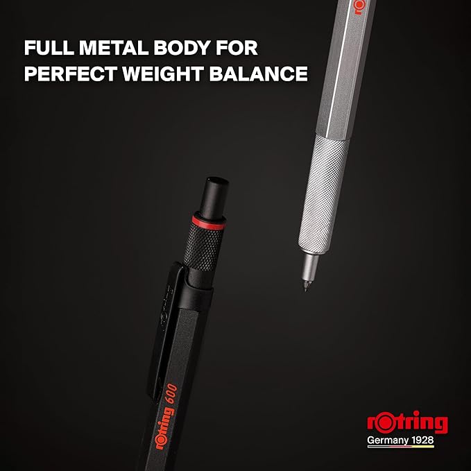 rOtring 600 Gel Pen, Black Metal Body Pen, Black Ink, 0.55mm, Non-Slip Knurled Grip & Hexagonal Barrel, Refillable, 1 Count - Smooth Writing, Stationary, Desk Essentials