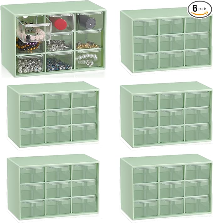 6 Pcs Small Drawer Organizer for Desk, Mini Desktop Drawer Organizer with 9 Clear Drawers, Plastic Desktop Craft Storage Box for Desk Office School Home 7.1" x 3. 8" x 4.6" (Green)