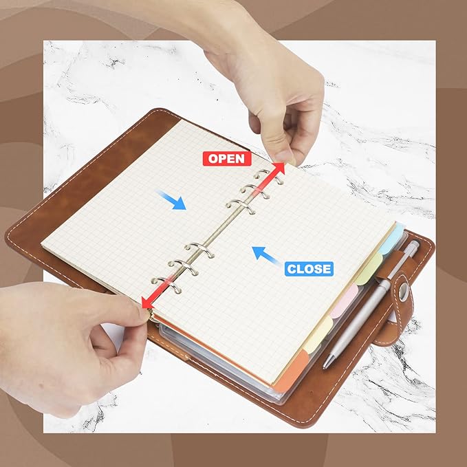 FYY A6 Binder Refillable Planner Notebook 6 Ring PU Leather Binder Journal with Pockets, Dividers, Refill Paper Brown