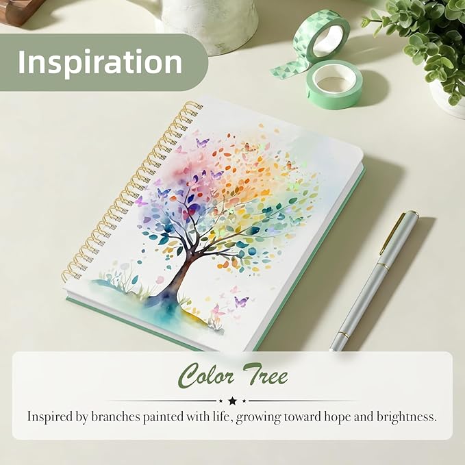 Stanoha Cute Spiral Notebook A5 Journal for Women Girls Kawaii Aesthetic Pretty Floral Design with Pocket, 8.5 x 5.7 inch, Line, Butterfly Tree
