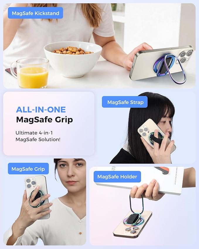 [2025 Newest] SUPERONE for Magsafe Phone Grip for Magnetic Kickstand Compatible with Mag Safe Finger Loop, 4-in-1 Phone Ring Holder Strap for Magnetic iPhone 17/16/15/14/13/12 (Rose)