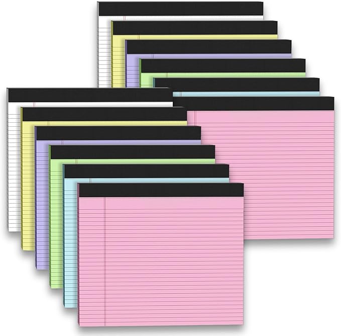 12 Pack Note Pads 11" x 9.5" Colored Legal Pads College Ruled Pink Notepad Perforated Writing Pads 80GSM Lined Paper Pads of College Ruled Paper 30 Sheets Notebook To Do List for School, Office, Home