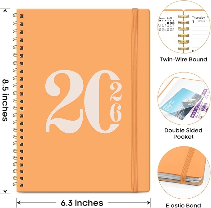 2026 Planner, Weekly and Monthly Calender Planner, Jan 2026 to Dec 2026, Hardcover 2026 Calendar Book with Tabs & Inner Pocket, Office Home School Supplies for Women & Men - A5 (6.3" x 8.5"), Bright Orange