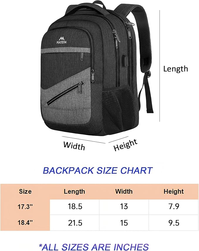 MATEIN Extra Large 50 L Travel Laptop Backpack, Water Resistant Work Computer Backpack with USB Charging Port, TSA Friendly Business Daypack with Multiple Organizer Pockets for Men, Black Grey