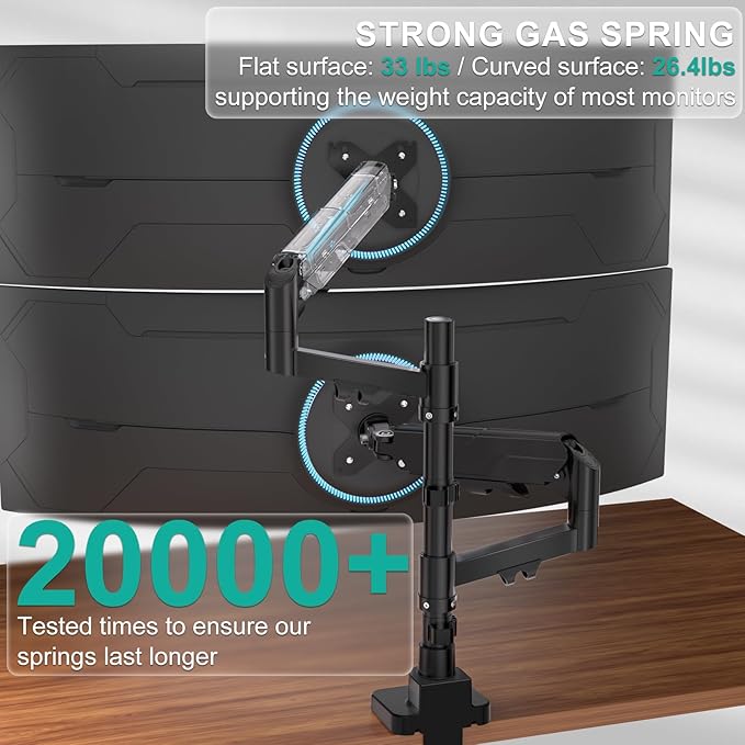 WALI Vertical Dual Monitor Stand for 17-49” Ultrawide Curved Screens, Heavy Duty Stacked Dual Monitor Mount with Tall Pole, Adjustable Gas Spring Monitor Arm up to 33lbs, 75/100mm VESA, Black