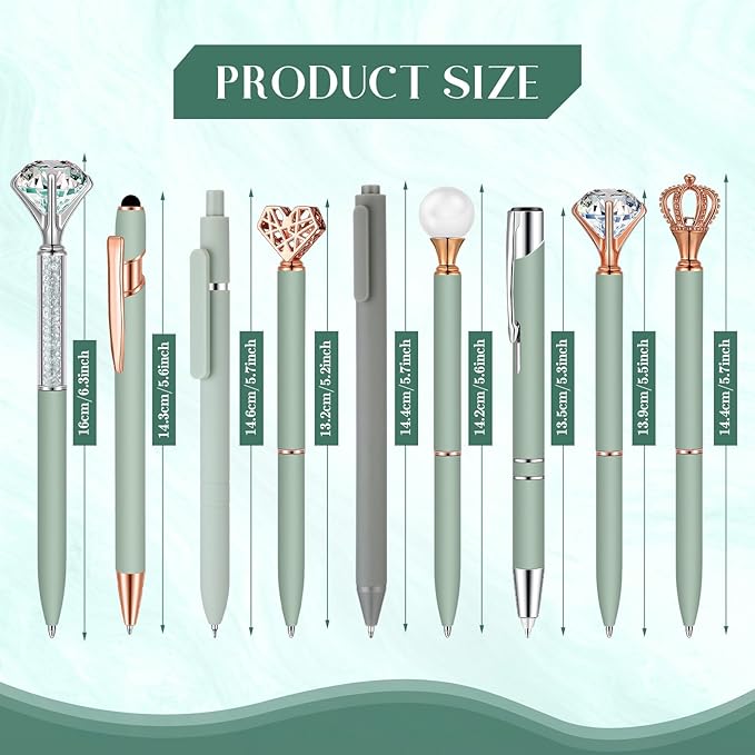 Janmini 9 Pcs Ballpoint Pens Set Metal Crystal Diamond Glitter Pens for Journaling Black Ink Pretty Cute Things Fancy Stationery Gifts for Women Girls Birthday Home Office Desk (Sage Green)