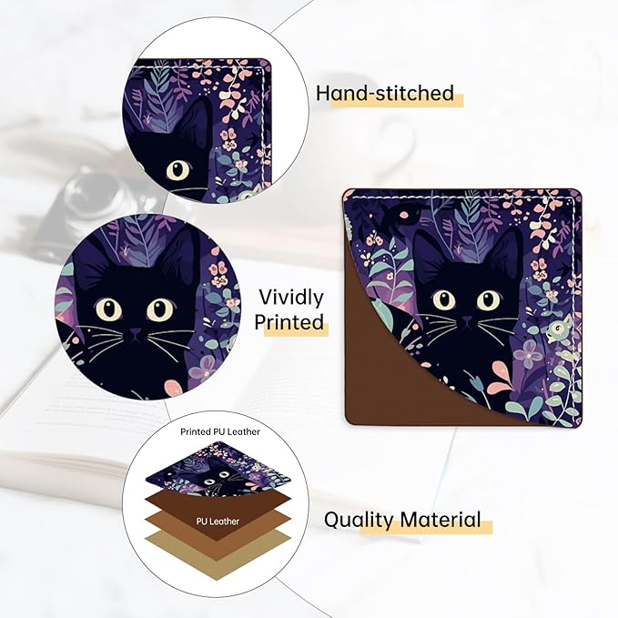 2 Pack Cat Hiding in The Flowers Leather Book Corner Bookmark, Durable Handmade Reading Accessories - Gifts for Readers, Women, Men, Teachers, Students 3