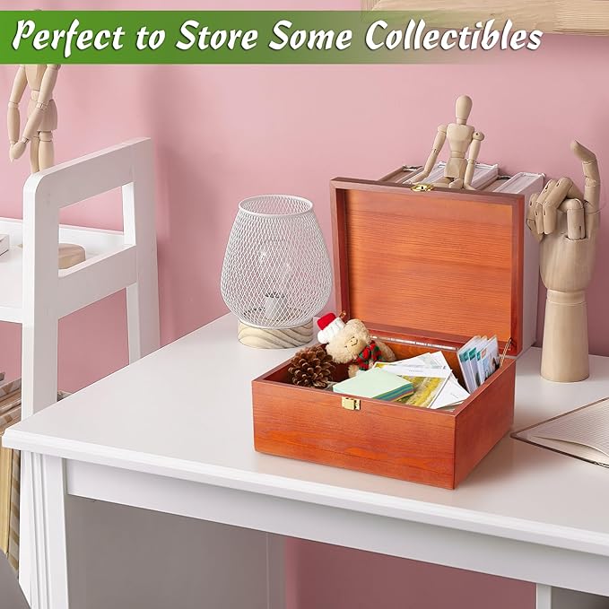 DRASTAR Large Wooden Keepsake Memory Box, Decorative Storage Box with Hinged Lid, Jewelry Gift Box with Lids, Brown