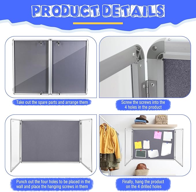 48"x36" Enclosed Bulletin Board Weather Resistant Lockable Outdoor Cork Fabric Display Board Aluminum Frame Wall Mounted 2 Locking Door for Office School Commercial 12xA4(Gray, Silver Frame)