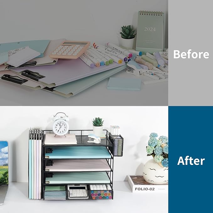 Youbetia Paper Tray Organizer with Mesh File Holder, 5 Tier Desk Accessories & Workspace Desk Organizers with Pen Holder, Office Desk Accessories Desktop Organization for Office Supplies (Black)