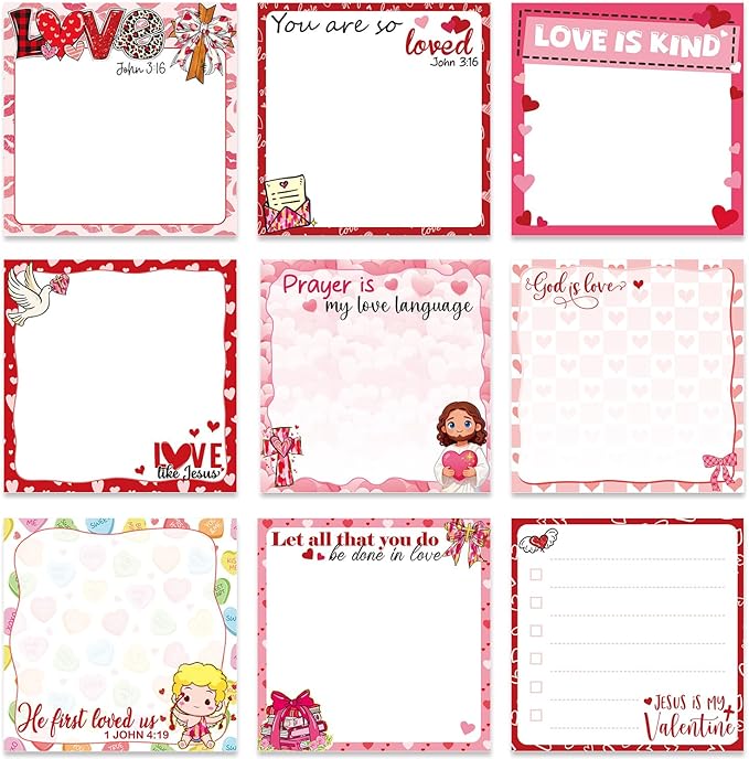 Valentines Day Sticky Notes Gifts - 9 Pack Christian Valentine Day Notepads 3x3 Inches, Pink Love Self-Adhesive Memo Pads, Valentine Galentines Office Study Supplies (450 Sheets)