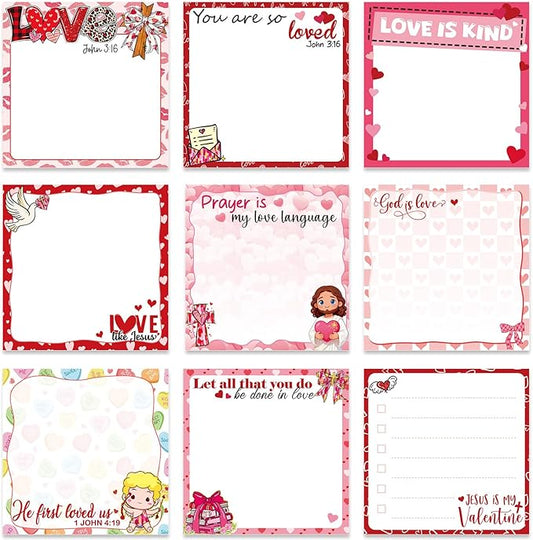 Valentines Day Sticky Notes Gifts - 9 Pack Christian Valentine Day Notepads 3x3 Inches, Pink Love Self-Adhesive Memo Pads, Valentine Galentines Office Study Supplies (450 Sheets)
