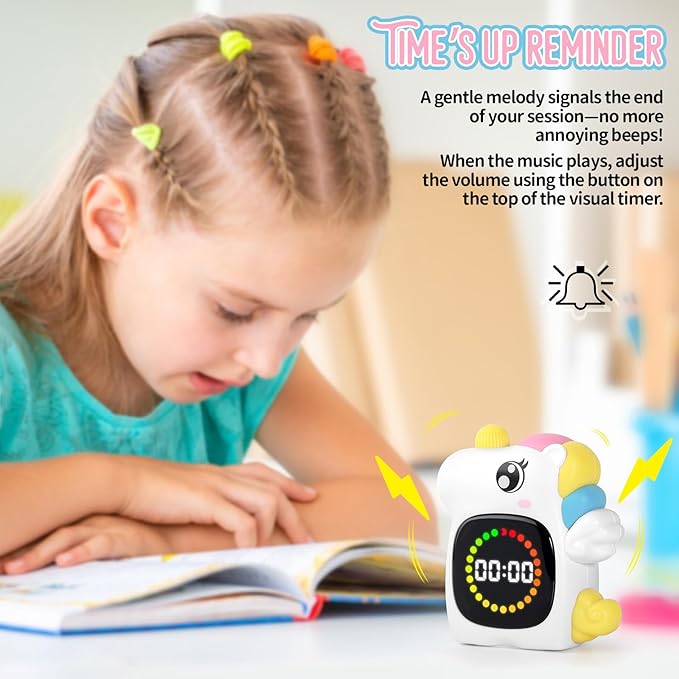 Unicorn Visual Timer for Kids, Rechargeable 99:59 Digital Countdown Timer, Visual Time Progress Display, Adjustable Volume, Classroom Homeschool Study Timer
