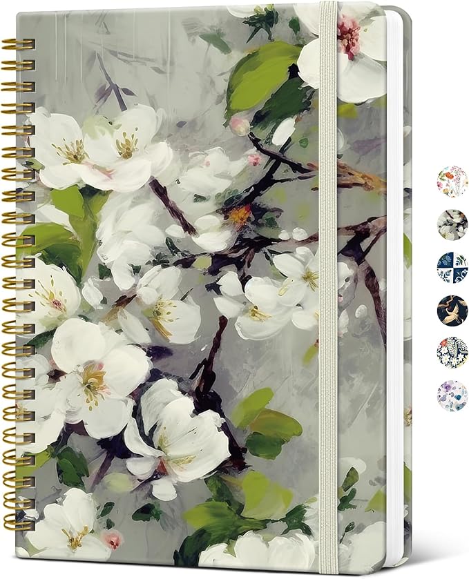 Taja Spiral Journal Notebook for Women, Pretty Hardcover Lined Notebook for Work & Note Taking, Aesthetic Cute Journal for Writing, 140 Pages, 5.8"x8.3", White Blossom