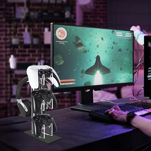 FYY Game Controller Holder 3 Tiers - Universal Dual Controller Stand Headphone Holder, Acrylic Black Controller Display Stand Compatible with Nintendo Switch Xbox PS5 PS4, Desk Mounts for Controller