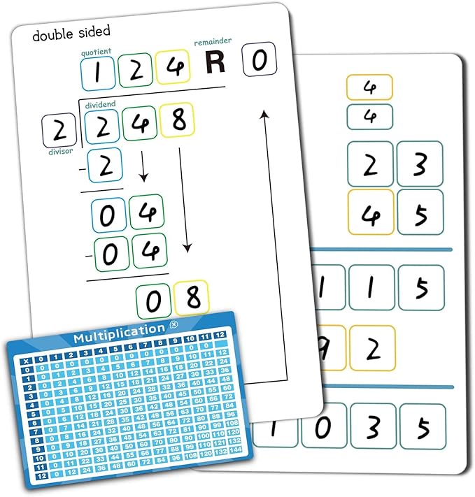 Set of Dry Erase Multiplication and Division Practice White Board, 8" x 12" 2-Digits Mathematics Board with a 4" x 2.5" Multiplication Chart Board for Kids Students, Classroom and Home.