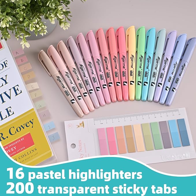 Pastel Highlighters Assorted Colors 16 Pack, 200 transparent sticky tabs, Chisel Tip Cute Aesthetic Highlighters No Bleed, Quick-Drying for Journaling, Bible Study, School Office Supplies
