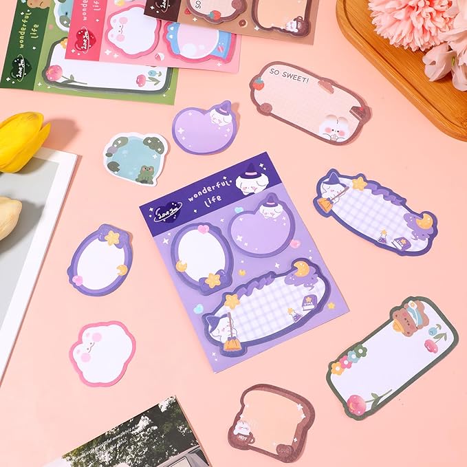 4 Pack Sticky Notes Kawaii Animal Posted Notes Set 240 Sheets Animals Shape Markers Flags Self-Stick Memo Pads Kawaii Small Self-Stick Note Pad for Office Roommates Home Kids Students (Set 2)