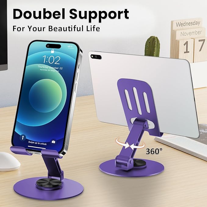 Universal Metal Cell Phone Stand, Multi-Angel Adjustable 360° Rotation Non-Slip Metal Phone Stand Compatible with iPhone 17 16 Pro Max and All Smartphones (Purple&Purple)