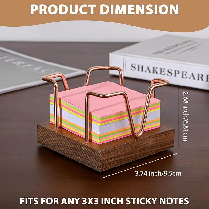 Walnut Wood Sticky Note Holder, 3 x 3 inch Self Stick Note Pad Holder, Post It Note Dispenser Desk Accessories for School and Office Desk Organizer, Rose Gold