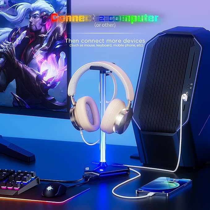 RGB Headphone Stand with 2 USB2.0 Extension Charging Port Extender Cord,Headset Stand Holder for Gamer Desktop Table Game Earphone Accessories,PC Gaming Accessories for Gamer,Gifts for Boyfriend